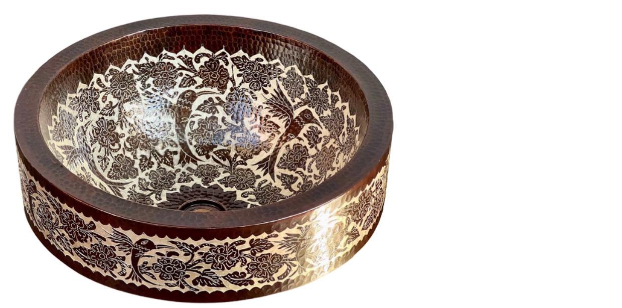 Etched copper vessel sink with decorative inlay design